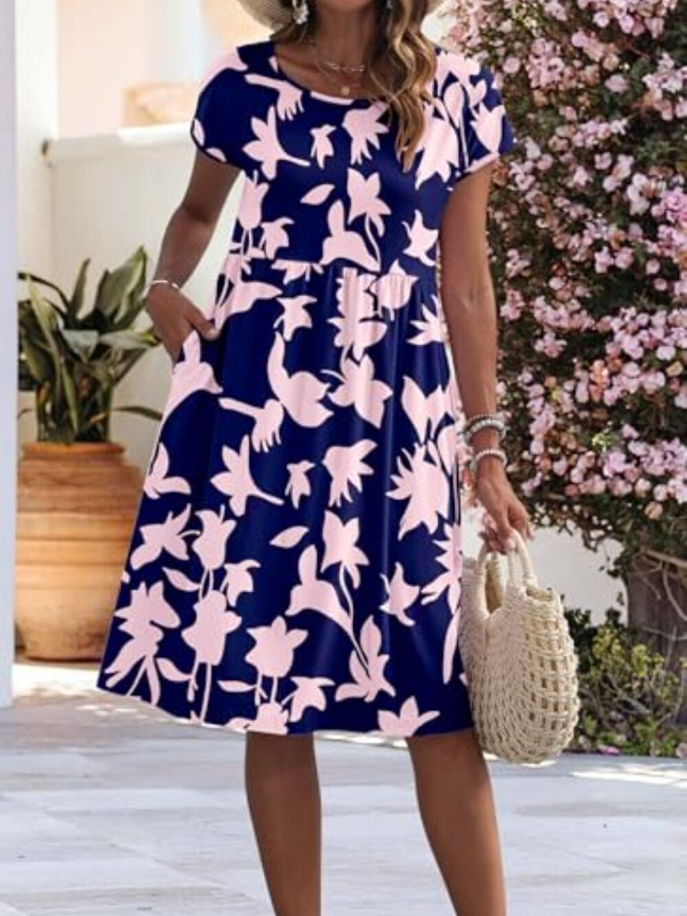 🆕 Women Summer Dresses Short Sleeve Knee-Length Round Neck Loose Dress - Picture 3 of 6